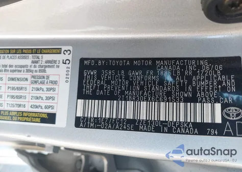 2006 Toyota Corolla S from USA, damaged, VIN 2T1BR30EX6C691533